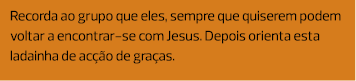 Recorda ao grupo que eles, sempre que quiserem podem voltar a encontrar-se com Jesus. Depois orienta esta ladainha de...